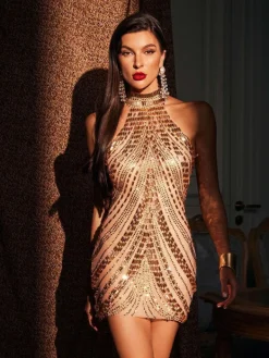 Embellishment|Dresses*Embellishment O/S Fella Halterneck Rhinestone Mini Dress