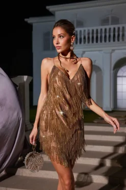 Embellishment|Dresses*Embellishment Fiadh Crystal Chain Fringe Mesh Mini Dress In Gold