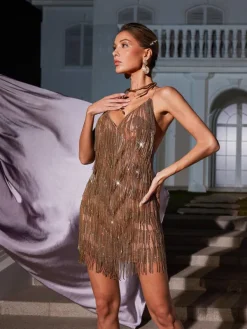 Embellishment|Dresses*Embellishment Fiadh Crystal Chain Fringe Mesh Mini Dress In Gold