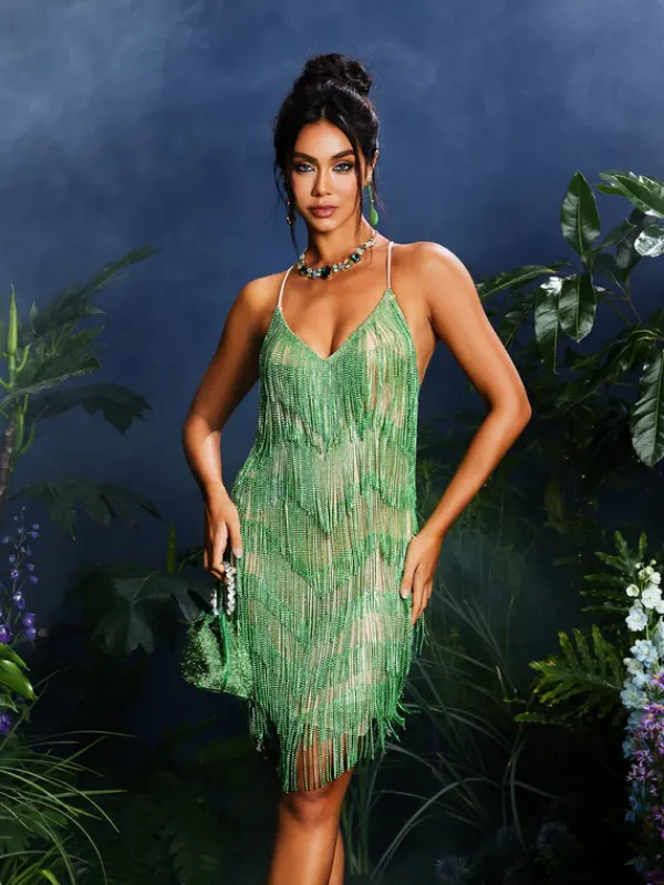 Embellishment|Dresses*Embellishment Fiadh Crystal Chain Fringe Mesh Mini Dress In Green