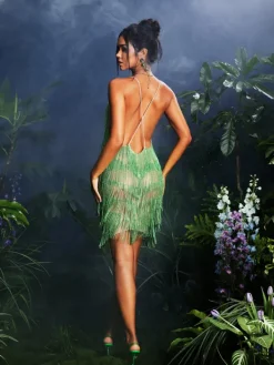 Embellishment|Dresses*Embellishment Fiadh Crystal Chain Fringe Mesh Mini Dress In Green