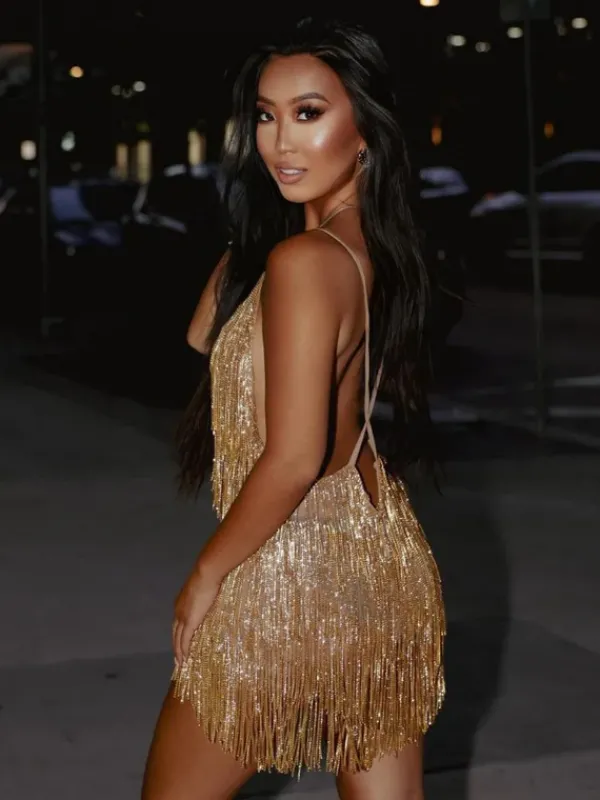 Embellishment|Dresses*Embellishment Fiadh Crystal Chain Fringe Mesh Mini Dress In Gold
