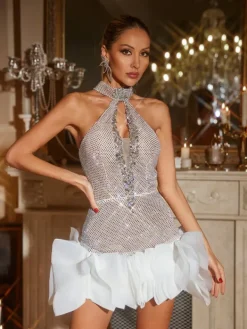 Embellishment|Dresses*Lu Yili Fudge Halterneck Rhinestone Cutout Mini Dress