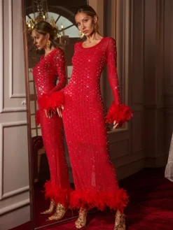 Dresses|Maxi Dresses*Mew Mews Fashion Gaines Rhinestone Feather Mesh Maxi Dress