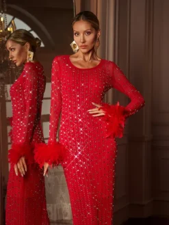Dresses|Maxi Dresses*Mew Mews Fashion Gaines Rhinestone Feather Mesh Maxi Dress