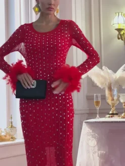 Dresses|Maxi Dresses*Mew Mews Fashion Gaines Rhinestone Feather Mesh Maxi Dress