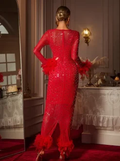 Dresses|Maxi Dresses*Mew Mews Fashion Gaines Rhinestone Feather Mesh Maxi Dress