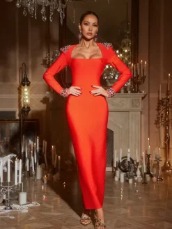 Dresses|Maxi Dresses*Bandage Gaiva Square Collar Rhinestone Maxi Dress