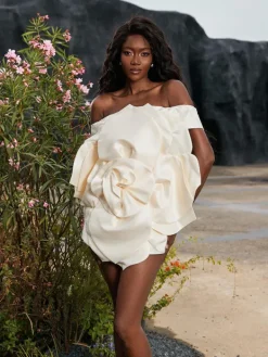 Dresses*Mew Mews Fashion Gannon Off Shoulder Flower Satin Mini Dress