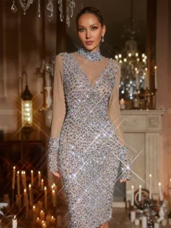 Dresses|Midi Dresses*Jiu Bajia Genece Long Sleeve Rhinestone Mesh Midi Dress