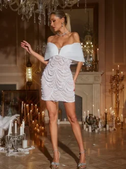 Embellishment|Dresses*Lu Yili Geniinewab Off Shoulder Pearl Embellished Mini Dress