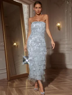 Dresses|Midi Dresses*Mew Mews Fashion Gerardi Strapless Sequin Fringe Midi Dress