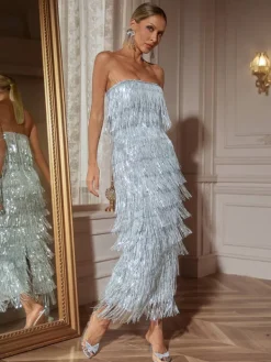 Dresses|Midi Dresses*Mew Mews Fashion Gerardi Strapless Sequin Fringe Midi Dress