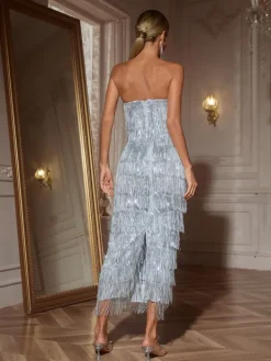 Dresses|Midi Dresses*Mew Mews Fashion Gerardi Strapless Sequin Fringe Midi Dress