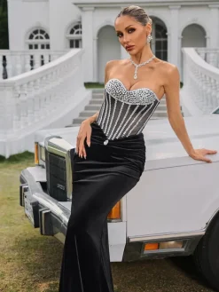 Embellishment|Dresses*Lu Yili Gerlind Strapless Rhinestone Velvet Maxi Dress