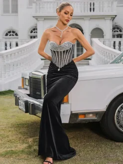 Embellishment|Dresses*Lu Yili Gerlind Strapless Rhinestone Velvet Maxi Dress