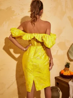 Dresses*Mew Mews Fashion Giselle Jacquard Off Shoulder Midi Dress In Yellow