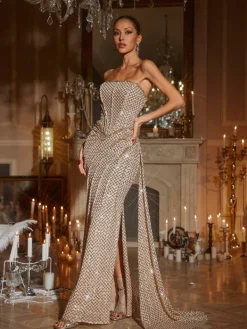 Embellishment|Dresses*Lu Yili Glein Strapless Ruched Sequin Maxi Dress