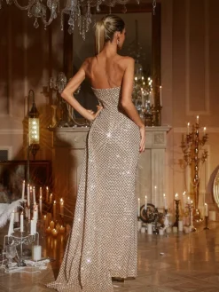 Embellishment|Dresses*Lu Yili Glein Strapless Ruched Sequin Maxi Dress