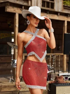 Sets & Co-ords*Mew Mews Fashion Glenn Crystal Chainmail Skirt Set In Red