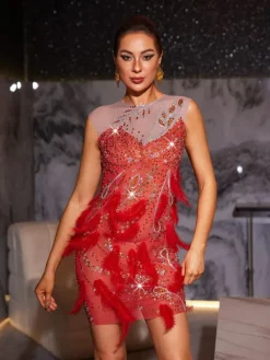 Embellishment|Dresses*Embellishment Goku Rhinestone Feather Mini Dress