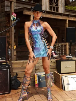 Dresses|Mini Dresses*Mew Mews Fashion Gracyn Halterneck Lace Up Leather Mini Dress In Blue