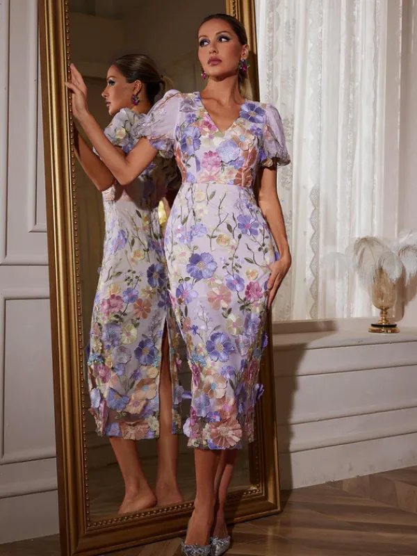Dresses|Midi Dresses*Mew Mews Fashion Grayson Flower Embroidered Midi Dress In Purple