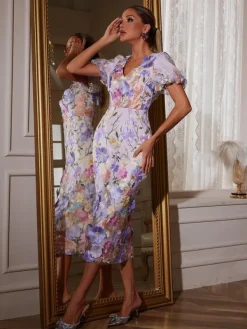 Dresses|Midi Dresses*Mew Mews Fashion Grayson Flower Embroidered Midi Dress In Purple