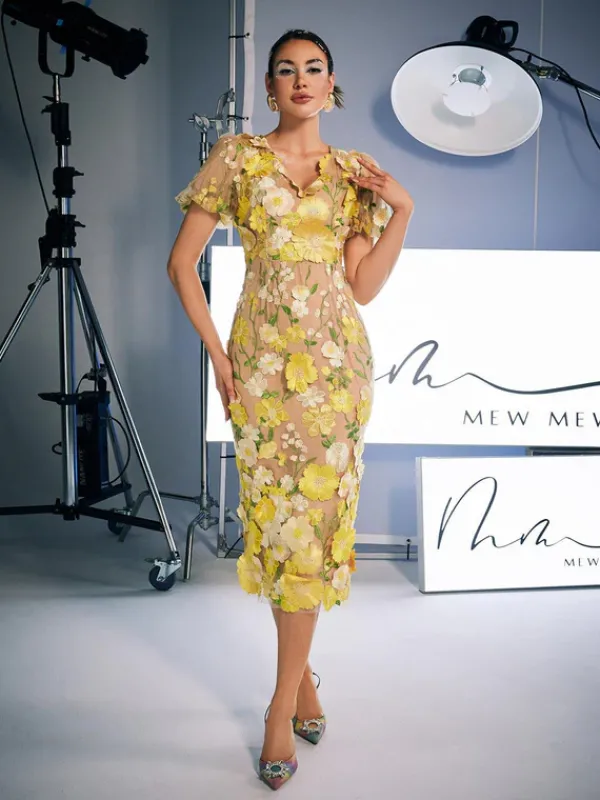 Dresses|Midi Dresses*Mew Mews Fashion Grayson Flower Embroidered Midi Dress In Yellow