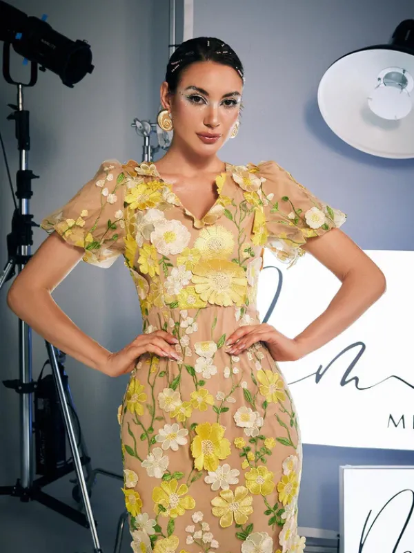 Dresses|Midi Dresses*Mew Mews Fashion Grayson Flower Embroidered Midi Dress In Yellow