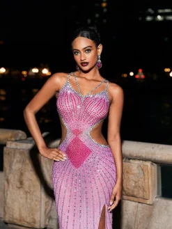 Embellishment|Dresses*Embellishment Grey Crystal Cutout Maxi Dress In Hot Pink