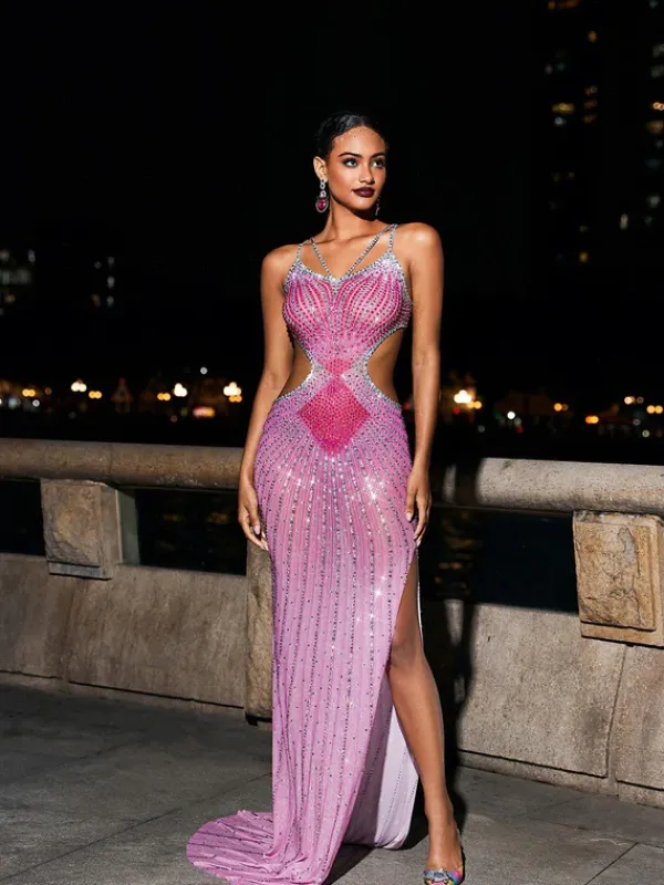 Embellishment|Dresses*Embellishment Grey Crystal Cutout Maxi Dress In Hot Pink