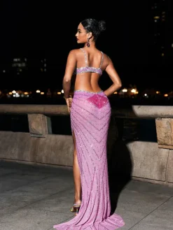 Embellishment|Dresses*Embellishment Grey Crystal Cutout Maxi Dress In Hot Pink