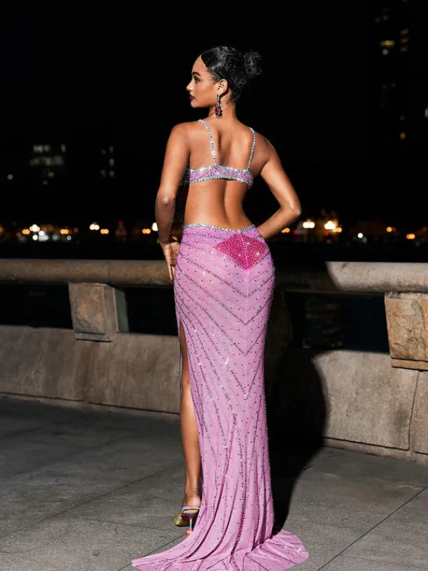 Embellishment|Dresses*Embellishment Grey Crystal Cutout Maxi Dress In Hot Pink