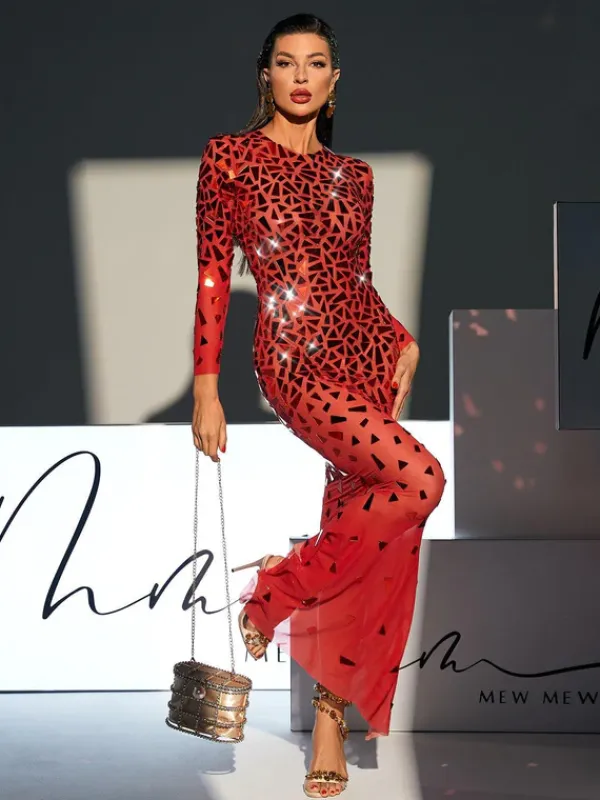 Embellishment|Dresses*Embellishment Guthrie Long Sleeve Acrylic Mesh Maxi Dress