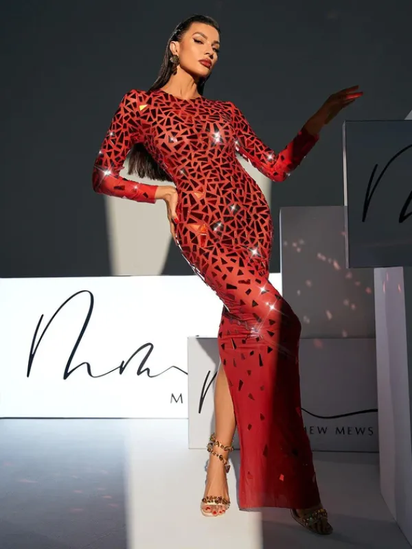 Embellishment|Dresses*Embellishment Guthrie Long Sleeve Acrylic Mesh Maxi Dress