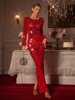 Embellishment|Dresses*Embellishment Guthrie Long Sleeve Acrylic Mesh Maxi Dress