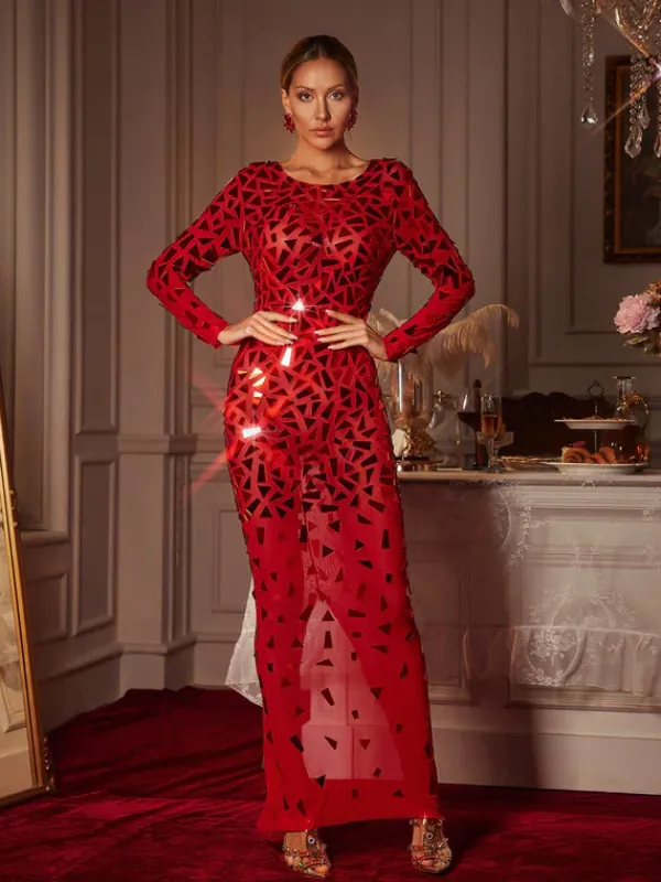 Embellishment|Dresses*Embellishment Guthrie Long Sleeve Acrylic Mesh Maxi Dress