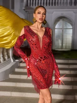 Embellishment|Dresses*Embellishment Gwyndara Rhinestone Fringe Acrylic Mini Dress