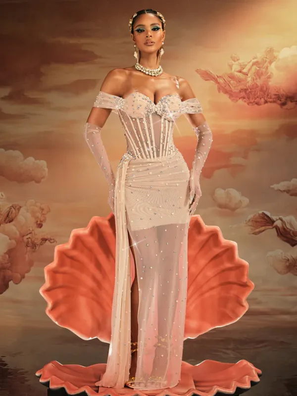 Embellishment|Dresses*Embellishment Haldor Off Shoulder Crystal Mesh Draped Maxi Dress