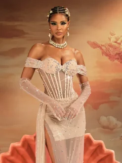 Embellishment|Dresses*Embellishment Haldor Off Shoulder Crystal Mesh Draped Maxi Dress
