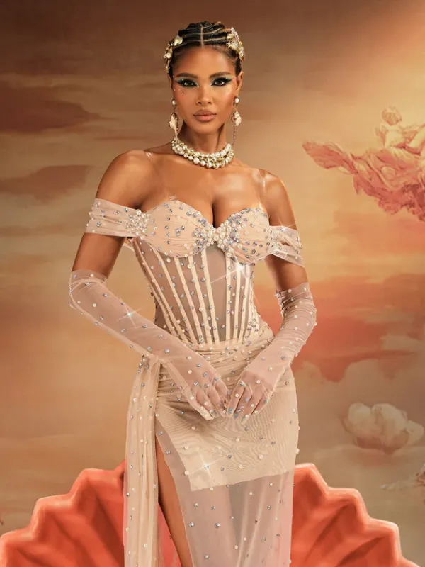 Embellishment|Dresses*Embellishment Haldor Off Shoulder Crystal Mesh Draped Maxi Dress