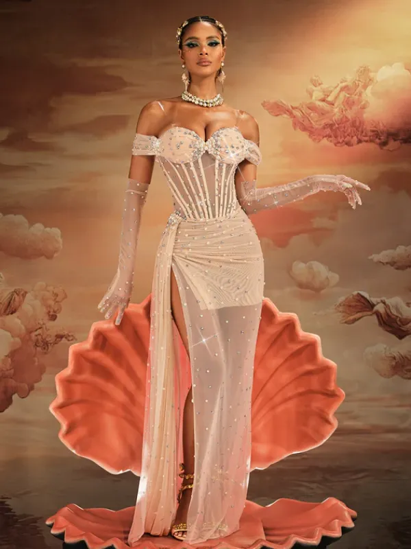 Embellishment|Dresses*Embellishment Haldor Off Shoulder Crystal Mesh Draped Maxi Dress