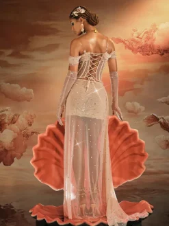Embellishment|Dresses*Embellishment Haldor Off Shoulder Crystal Mesh Draped Maxi Dress