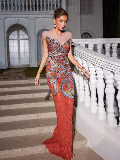 Embellishment|Dresses*Embellishment Hank Rhinestone Printed Mesh Maxi Dress