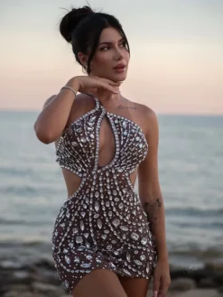 Embellishment|Dresses*Embellishment Hanne Backless Rhinestone Mesh Mini Dress In Silver