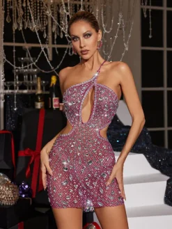 Embellishment|Dresses*Embellishment Hanne Backless Rhinestone Mesh Mini Dress In Pink