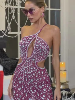Embellishment|Dresses*Embellishment Hanne Backless Rhinestone Mesh Mini Dress In Pink