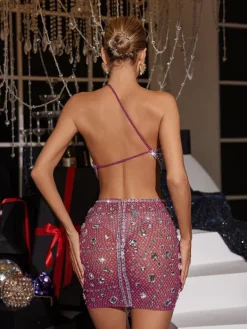 Embellishment|Dresses*Embellishment Hanne Backless Rhinestone Mesh Mini Dress In Pink