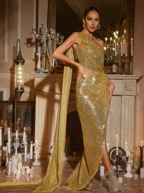 Embellishment|Dresses*Embellishment Harfford One Shoulder Cutout Sequin Maxi Dress